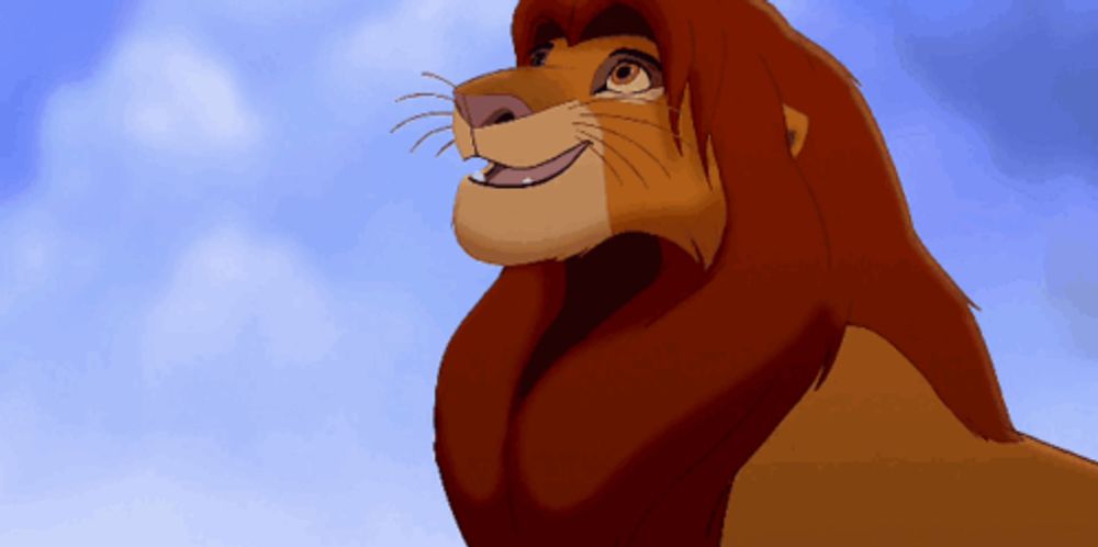 a cartoon lion is smiling and looking up at the sky