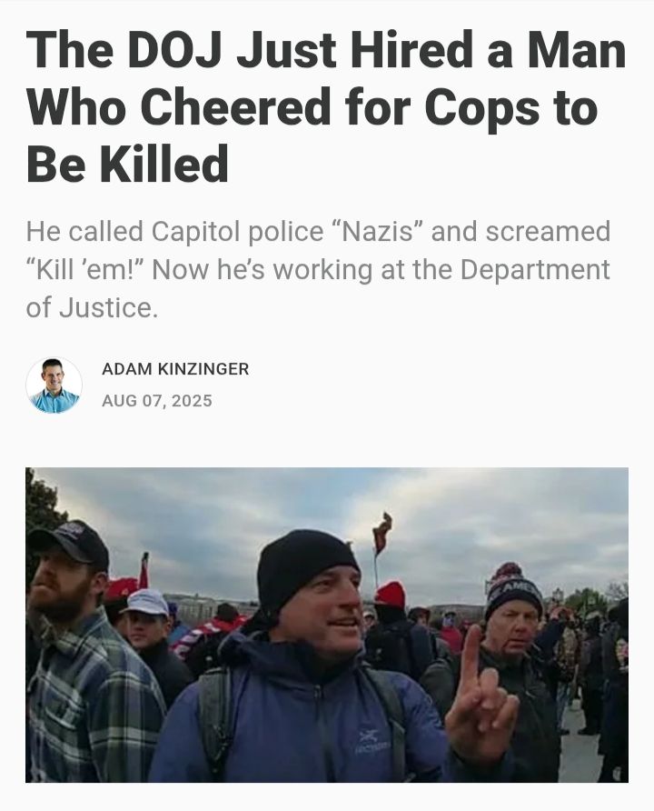 What if a former Black Lives Matter activist had screamed “Kill ’em!” at police during a riot, and was then hired by a Democratic administration’s DOJ? Would Republicans shrug that off? Would Fox News let it go? Of course not. They’d be howling for blood. There’d be investigations, hearings, and threats of impeachment before the week was out.

https://adamkinzinger.substack.com/p/the-doj-just-hired-a-man-who-cheered