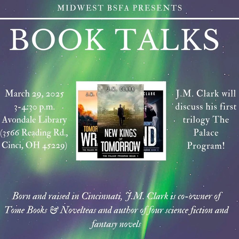 Our next Book Talks session features Cincinnati native J.M. Clark! He'll be discussing his trilogy The Palace Program! Join us from 3 to 4:30 p.m. at the Avondale library branch on Saturday, March 29!