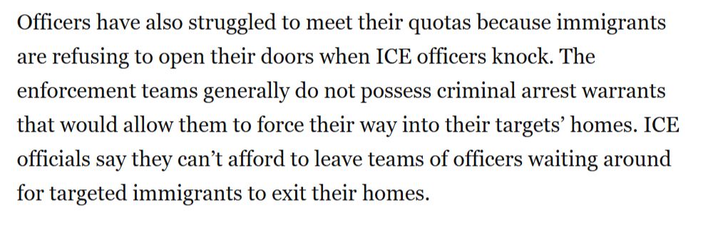 Officers have also struggled to meet their quotas because immigrants are refusing to open their doors when ICE officers knock. The enforcement teams generally do not possess criminal arrest warrants that would allow them to force their way into their targets’ homes. ICE officials say they can’t afford to leave teams of officers waiting around for targeted immigrants to exit their homes.