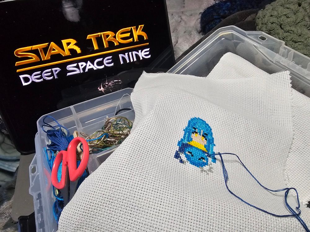 Picture of a needle point project of an anime character with an iPad near it with the title of Star Trek Deep Space Nine. 