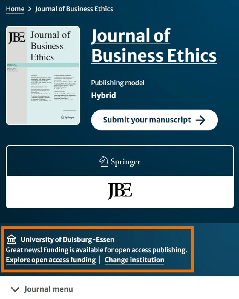 Screenshot der Webseite Springer Nature: Unterseite des Journal of Business Ethics mit Infos zur Fachzeitschrift, den Logos von Springer und JBE und - orange eingekreist - der Text "University of Duisburg-Essen: Great news! Funding is available for open access publishing."