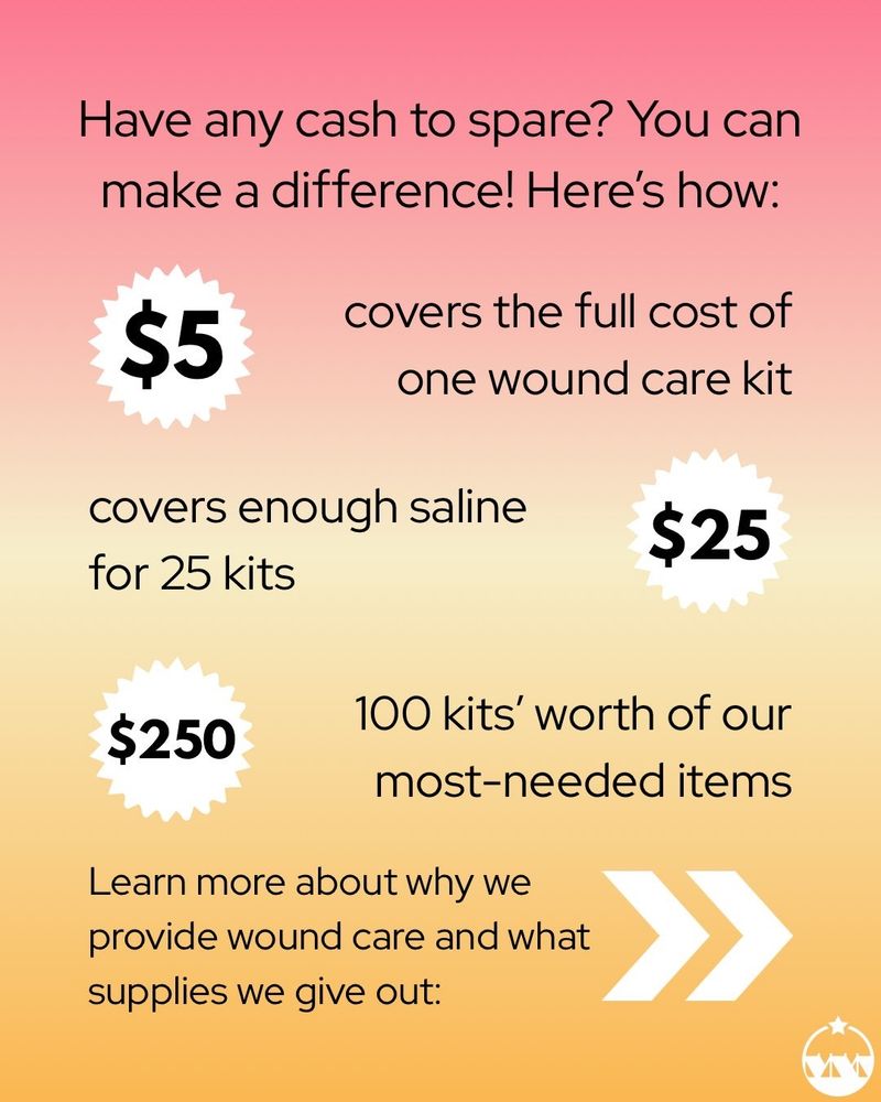 Have any cash to spare? You can make a difference! Here's how:
$5 covers the full cost of one wound care kits
$25 covers enough saline for 25 kits
$250 covers 100 kits' worth of our most-needed items