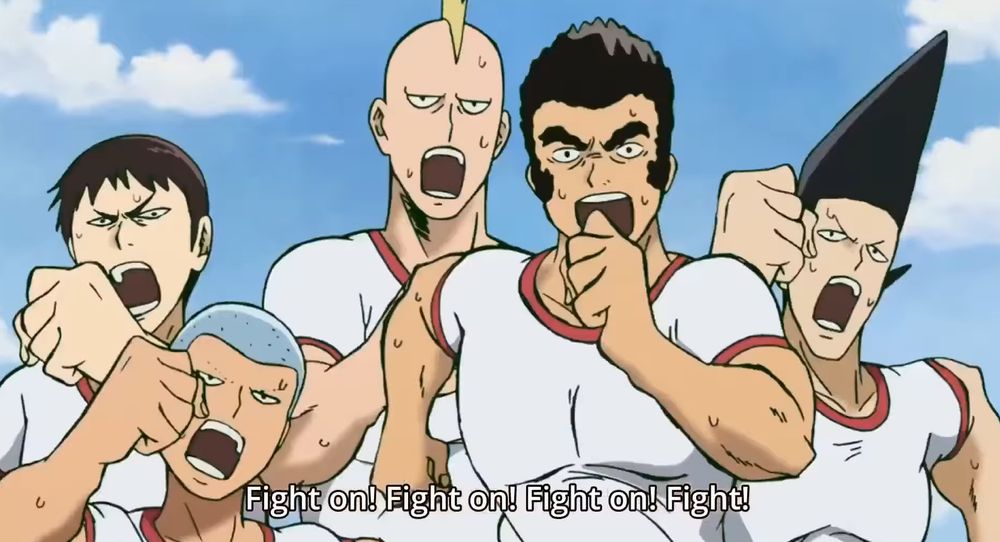 Members of the high school body improvement club from Mob Psycho 100 running together saying "Fight on! Fight on! Fight on!"