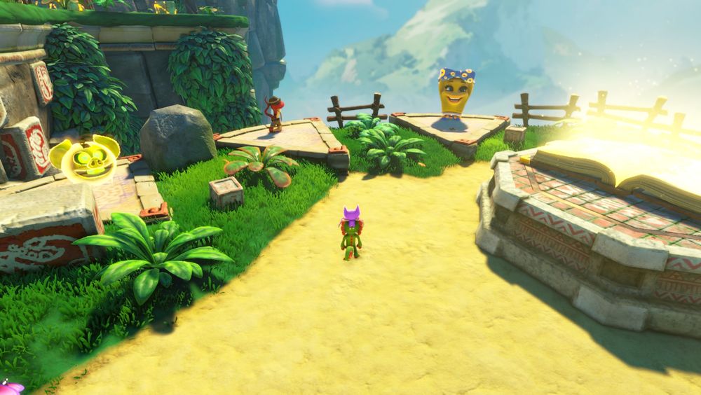 a screenshot of yooka replaylee, showing a tropical setting. there's two raised triangles coming out of the ground made of stone, and on each of them a character is placed perfectly on the edge