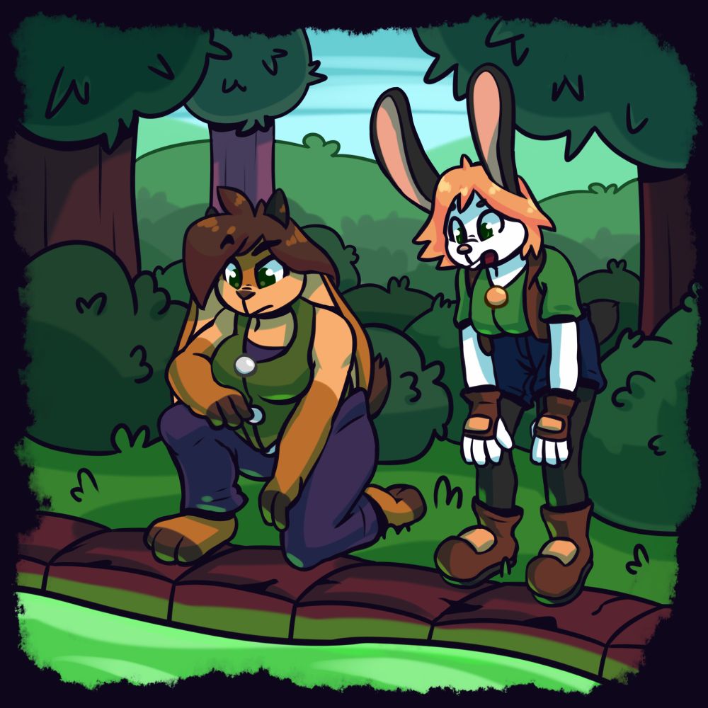 A drawing of Stephanie (a rabbit) standing by her girlfriend Audrey (a goat,) who is leaning forward. They're both looking at a river of glowing green slime