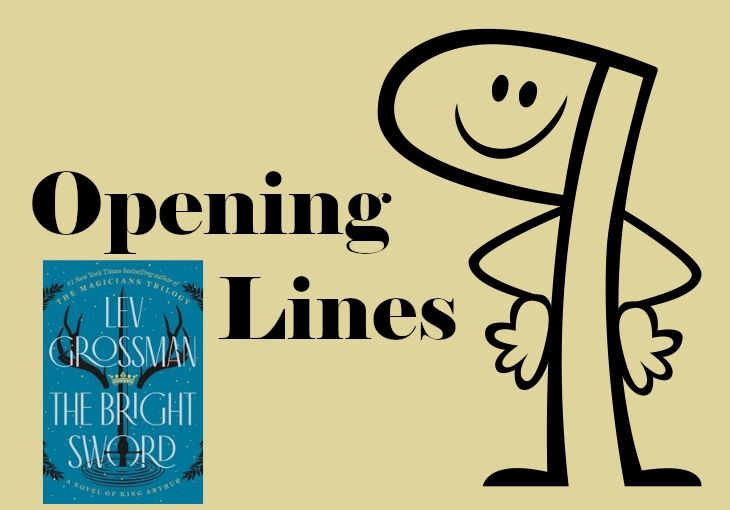 An anthropomorphized pilcrow standing next to  the words Opening Lines above the cover for The Bright Sword by Lev Grossman