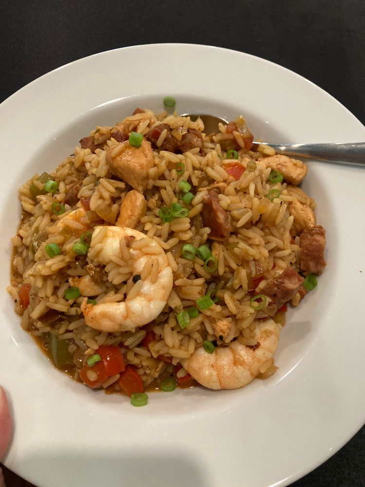 A white round bowl containing chicken, andouille, and shrimp jambalaya with green onions on top