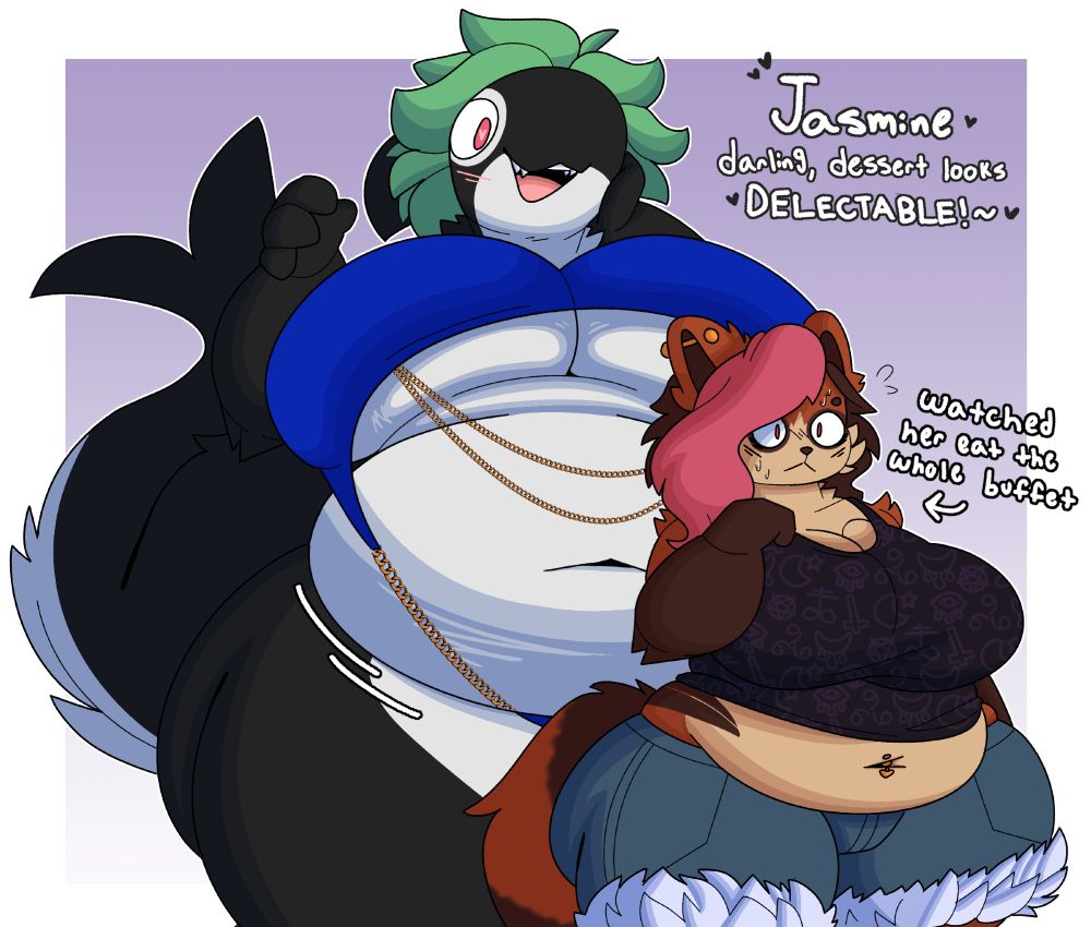 Maiko (a 15 foot fluffed orca) looming over Jasmine (a 7 foot red panda/bear mix). Maiko ate the whole buffet and is eyeing her plump dessert on the way out.