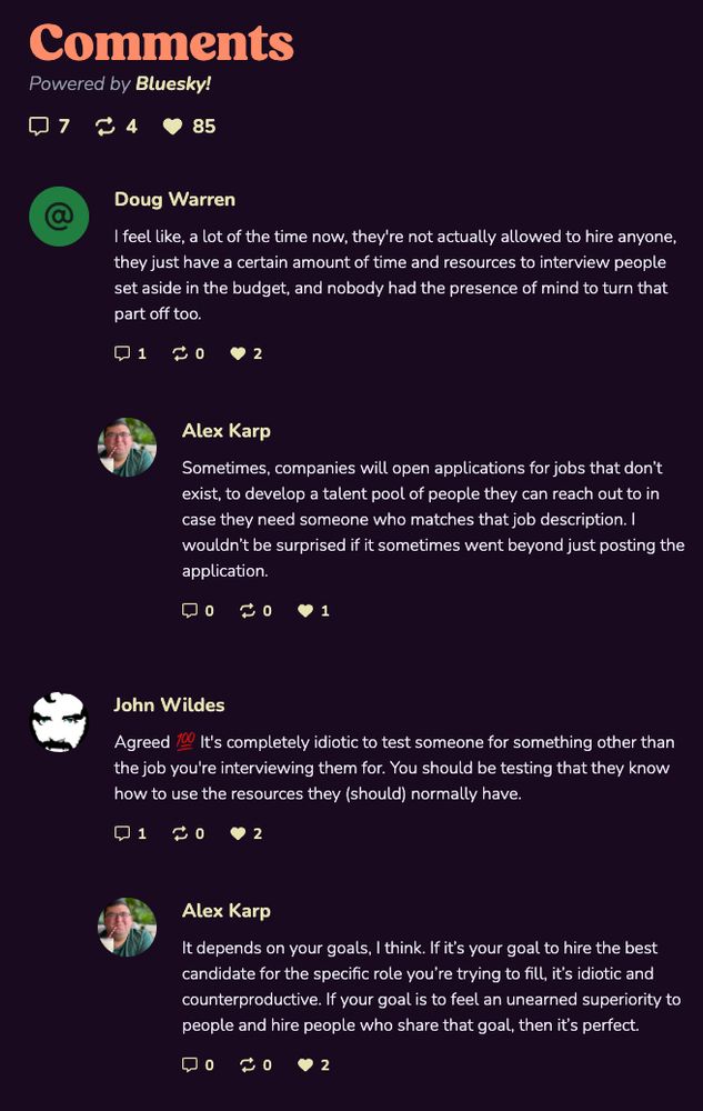 A screenshot from my new blog, showing a comments system that is powered by Bluesky. It's showing threaded replies too.