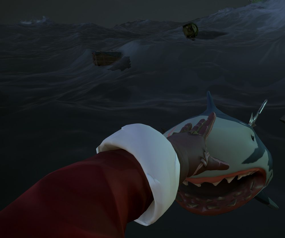 santa pirate petting a happy shark
