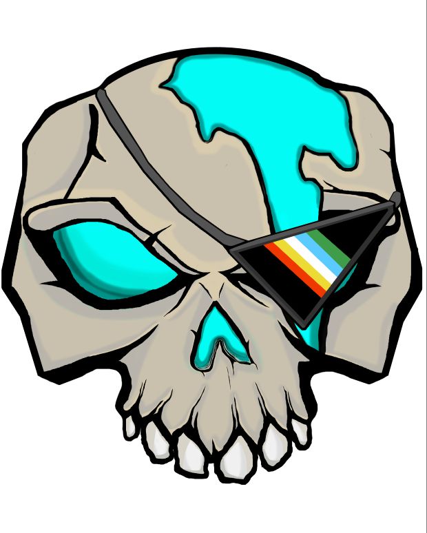 Greyish bone coloured SeaOfThieves skull with a blue glow coming from within with a big crack going down its right side of the face wearing an eyepatch with the DisabilityPride flag on it