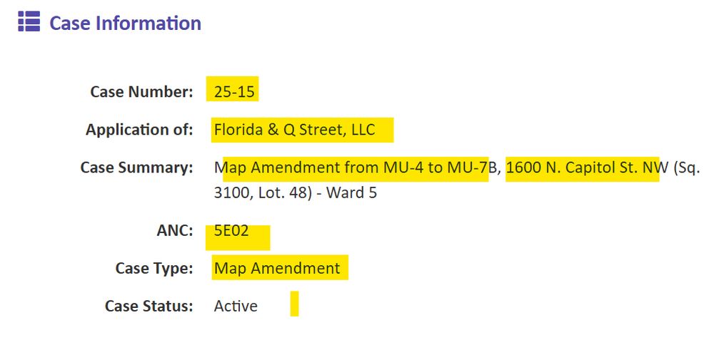 Image of the zoning case information.