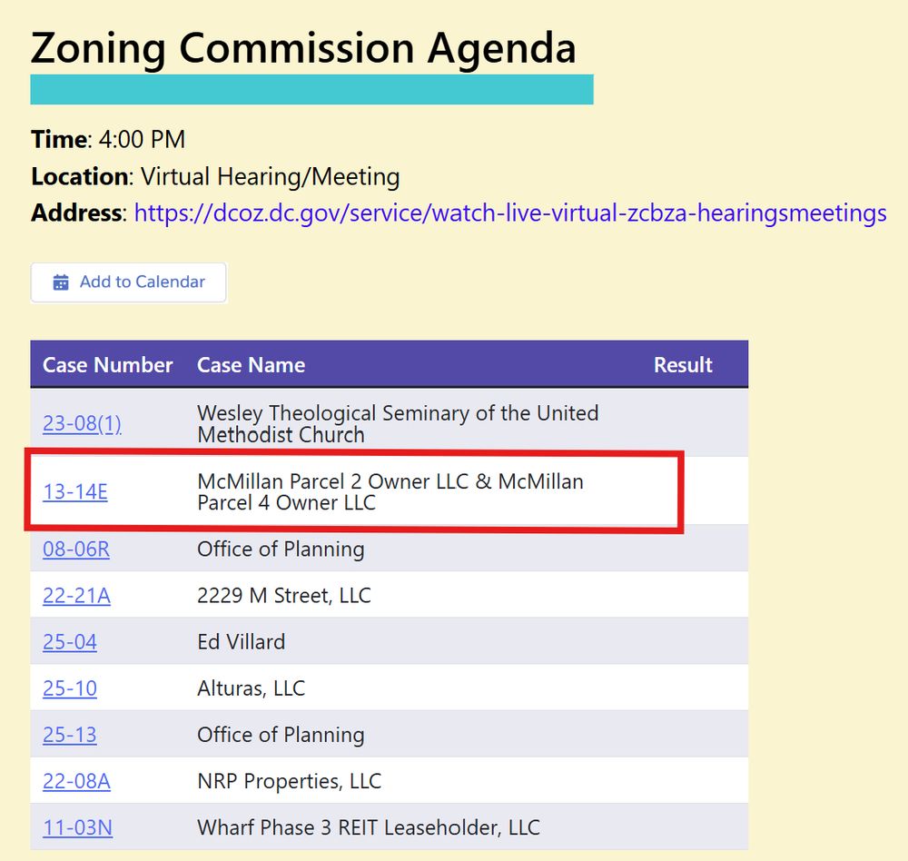 Image of today's DC ZC meeting agenda.