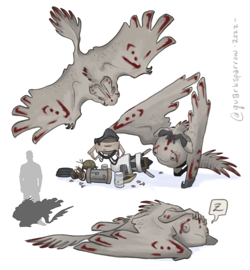 Drawings of an alien known as a Hindwing, with gecko-like eyes, arms that sit on the back above the head, a frilled tail, and large leathery wings used for both walking and gliding.