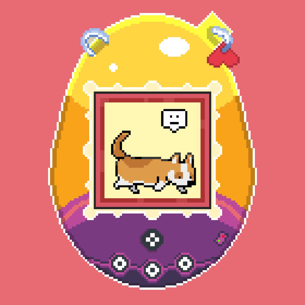 Pixel art of a corgi on a virtual pet device screen. It looks neutral.