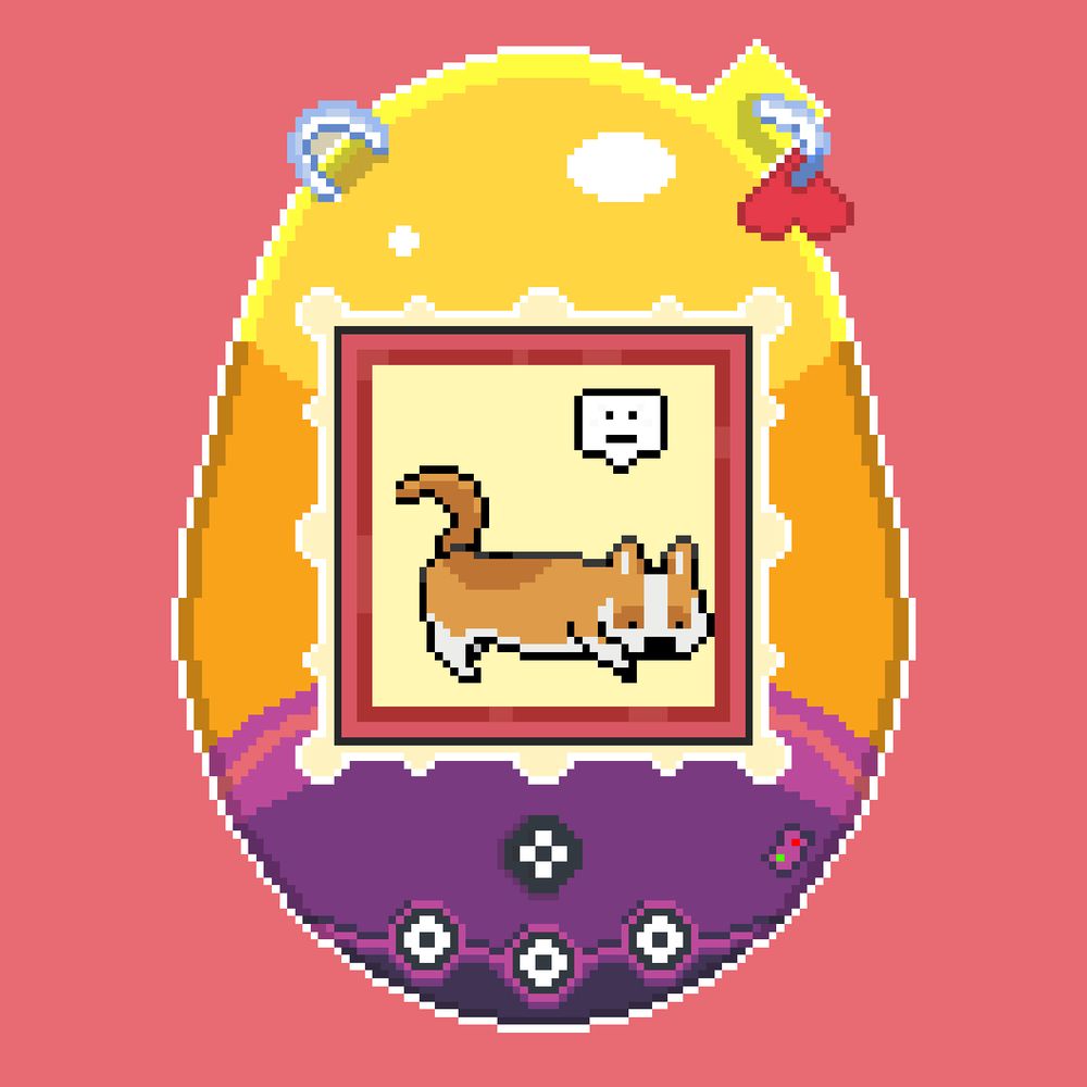 Pixel art of a corgi on a virtual pet device screen. It looks neutral.