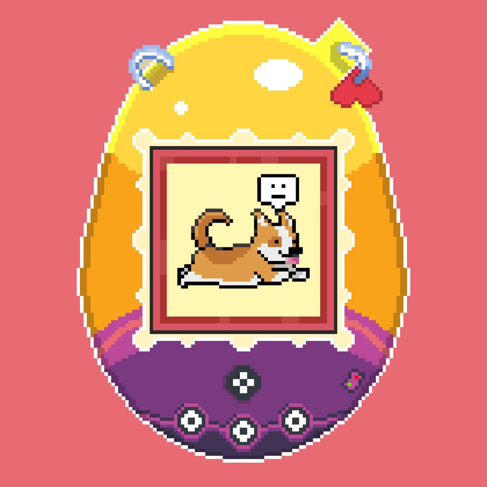 Pixel art of a corgi on a virtual pet device screen. It looks neutral.