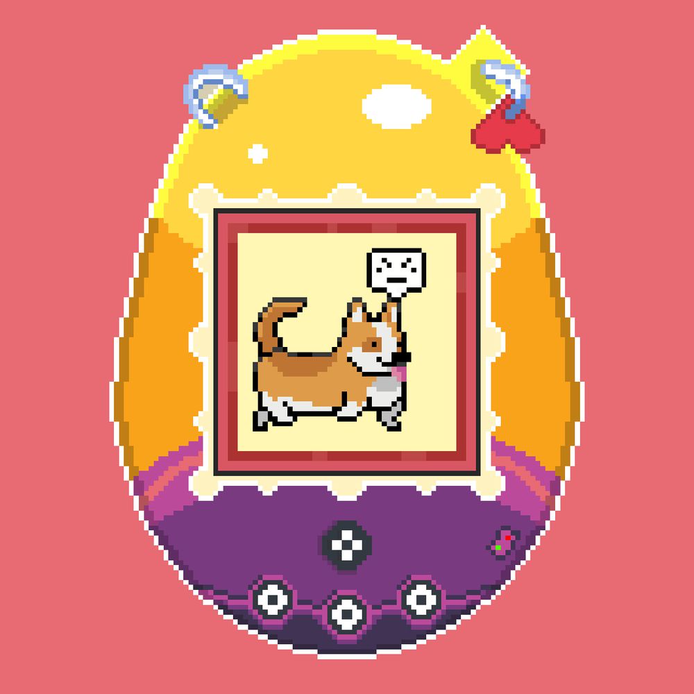 Pixel art of a corgi on a virtual pet device screen. It looks angry.