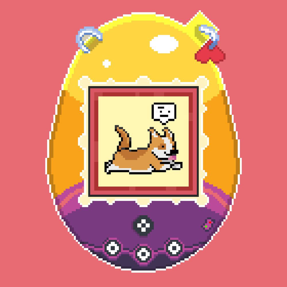 Pixel art of a corgi on a virtual pet device screen. It looks confused.