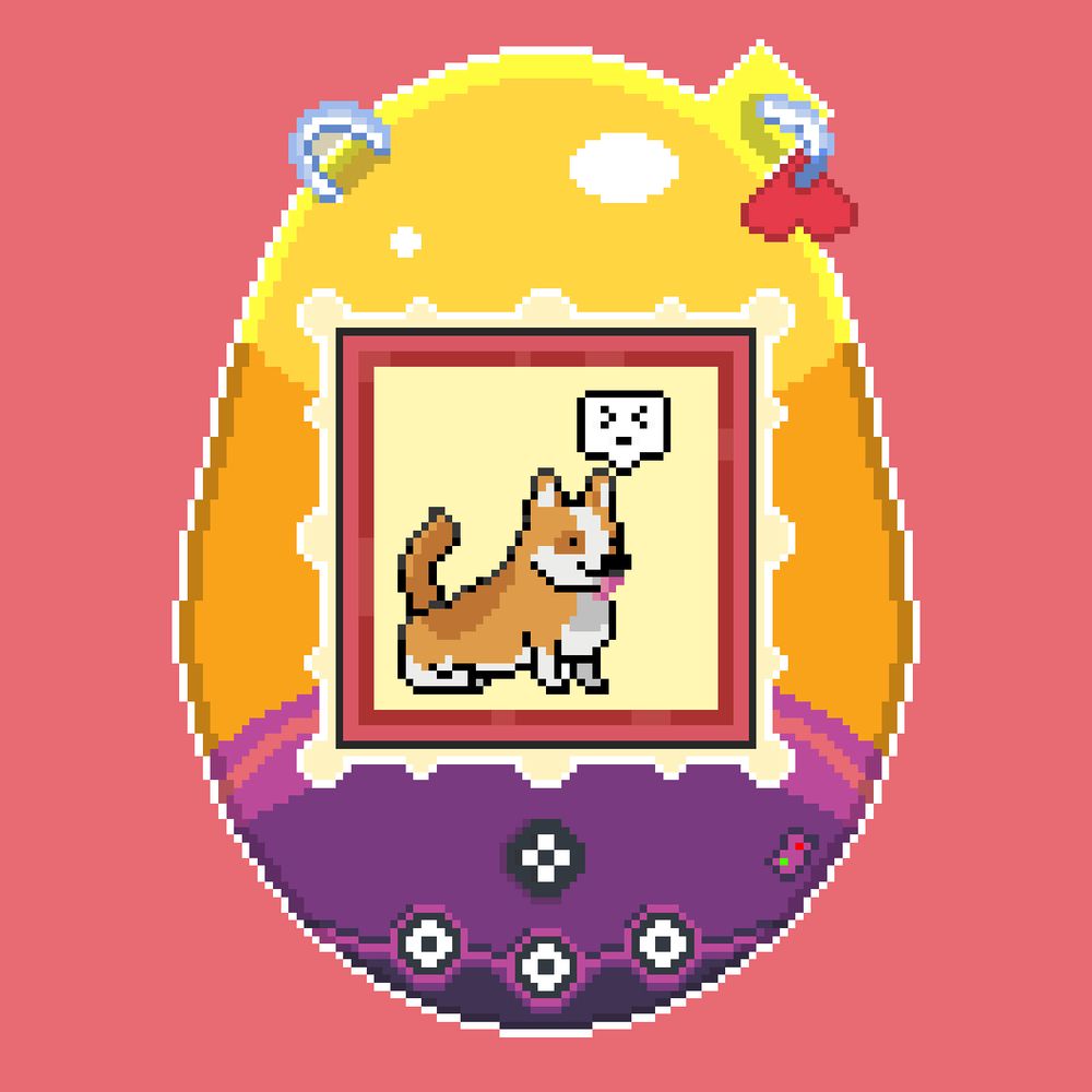 Pixel art of a corgi on a virtual pet device screen. It looks surprised.