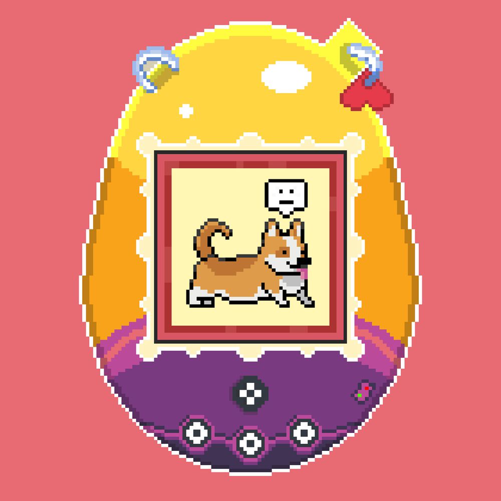 Pixel art of a corgi on a virtual pet device screen. It looks neutral.