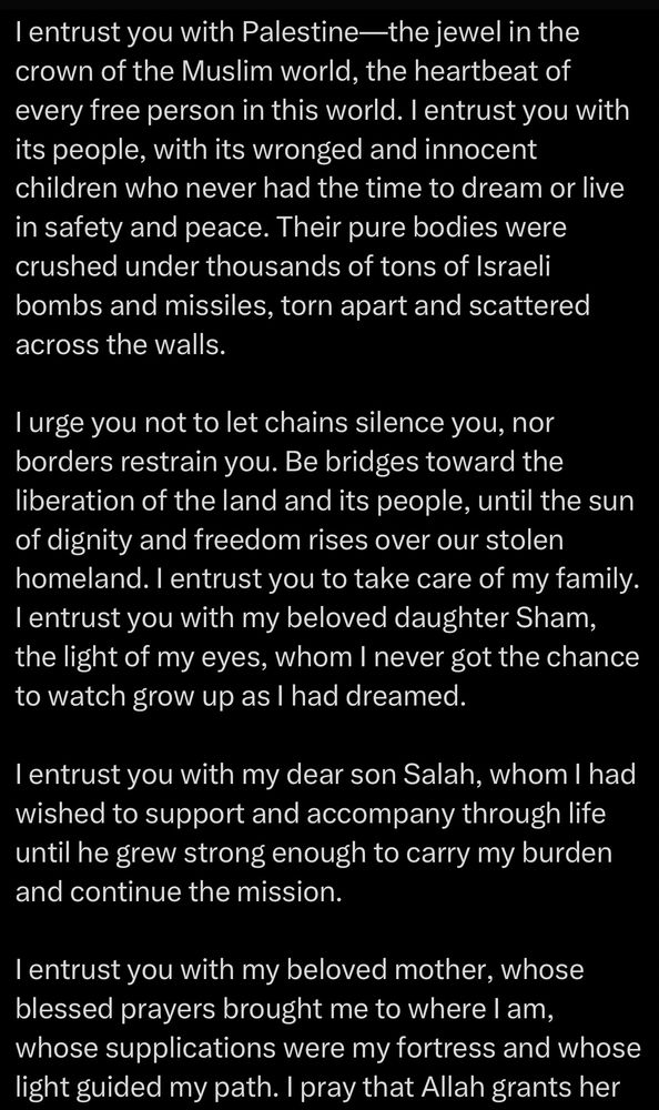 I entrust you with Palestine—the jewel in the crown of the Muslim world, the heartbeat of every free person in this world. I entrust you with its people, with its wronged and innocent children who never had the time to dream or live in safety and peace. Their pure bodies were crushed under thousands of tons of Israeli bombs and missiles, torn apart and scattered across the walls.
I urge you not to let chains silence you, nor borders restrain you. Be bridges toward the liberation of the land and its people, until the sun of dignity and freedom rises over our stolen homeland. I entrust you to take care of my family.
I entrust you with my beloved daughter Sham, the light of my eyes, whom I never got the chance to watch grow up as I had dreamed.
I entrust you with my dear son Salah, whom I had wished to support and accompany through life until he grew strong enough to carry my burden and continue the mission.
I entrust you with my beloved mother, whose blessed prayers brought me to where I am, whose supplications were my fortress and whose light guided my path. I pray that Allah grants her