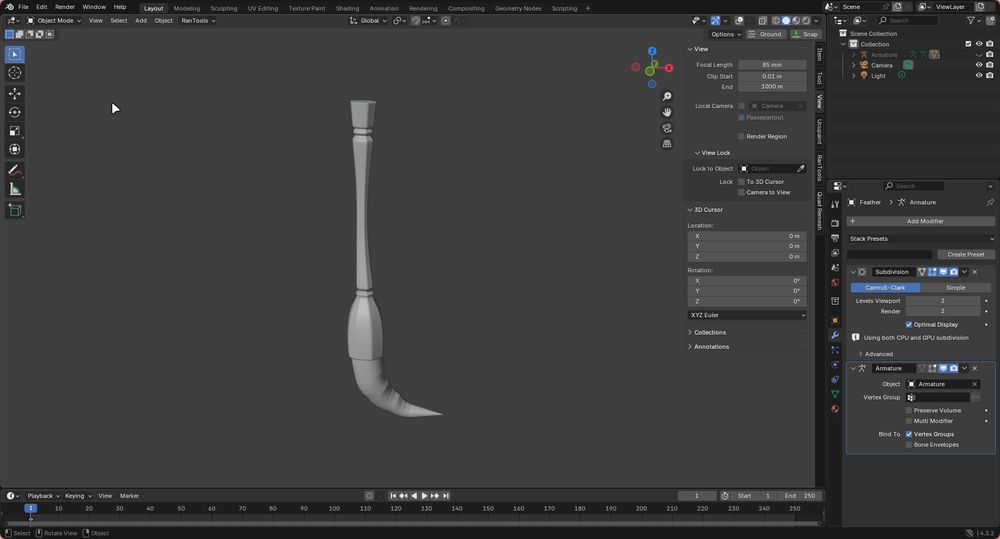 Screenshot of an 3D ink brush inside Blender