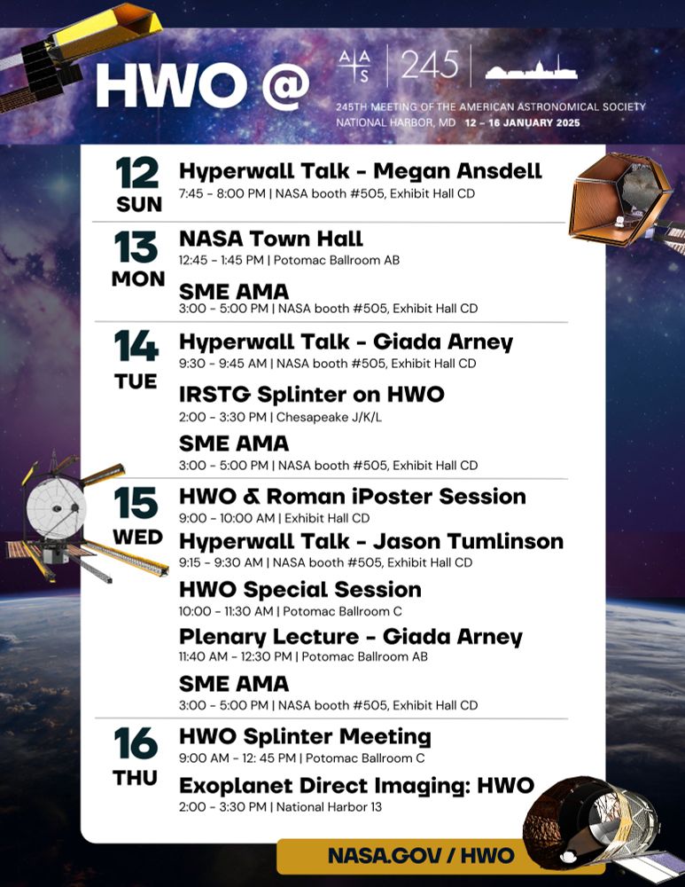 A poster detailing events related to the habitable worlds observatory at AAS 245