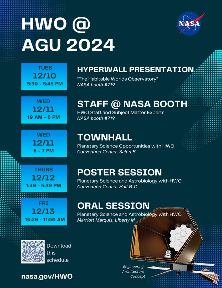 Informational flyer about the habitable worlds observatory related events at AGU 2024