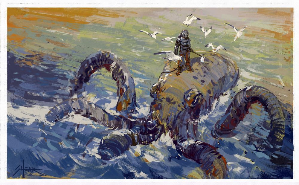 A scuba diver standing on top of a giant octopus with an axe in his hand while a flock of sea gulls hover all around him.