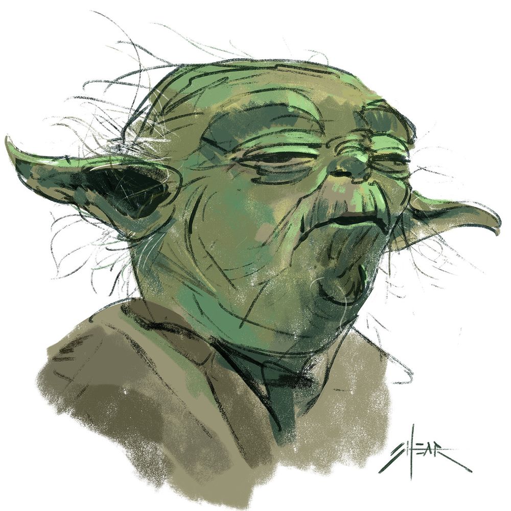 A digital painting of a headshot of Yoda from The Empire Strikes Back.