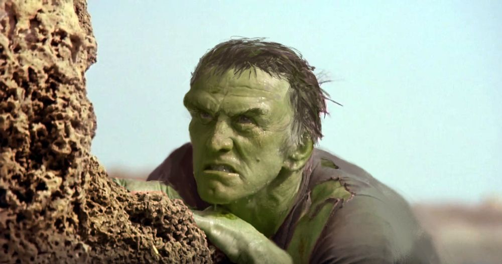 A still shot movie frame showing Kirk Douglas transformed into the Incredible Hulk.