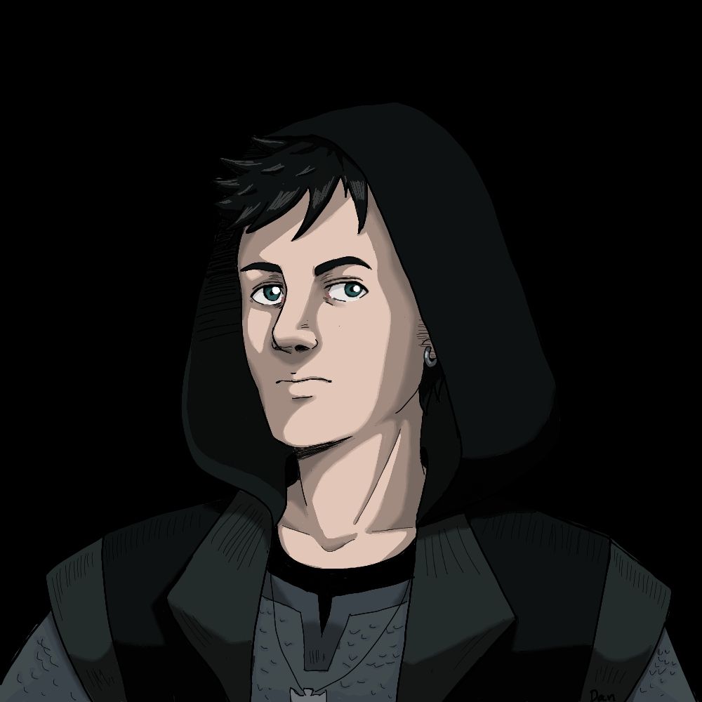 Character portrait of a hooded man with dark hair and blue eyes wearing a dark green and black coat and a chainmail shirt. He's looking sort of tersely at the viewer. The background is transparent, but shows up almost white online.