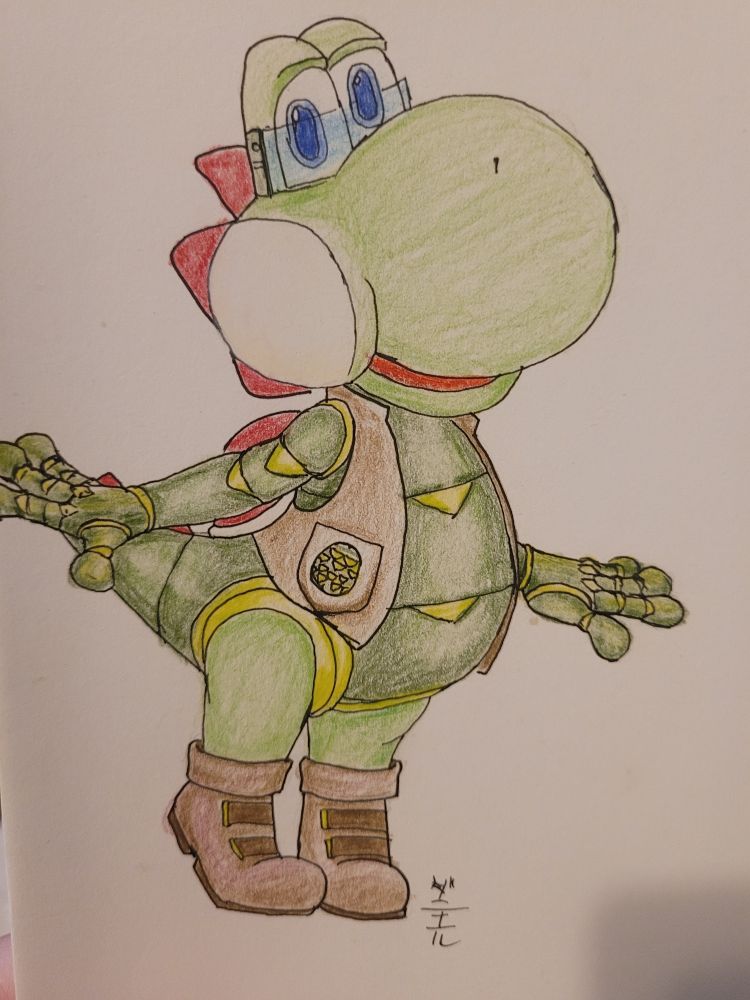 Pen and colored pencil sketch of the green dinosaur, Yoshi with a cybernetic body and a blue cyberpunk visor. 