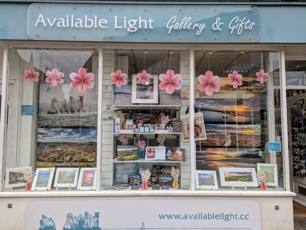 A shop window with pink paper flowers hanging and some in paper vases on the shelves. Landscape Photography and a few gifts are displayed.