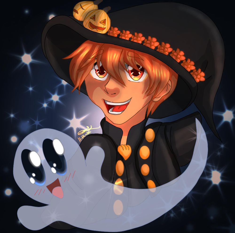 a bust drawing of a boy in black clothing with brown skin, red eyes and orange hair. He is smiling brightly with his ghost friend Bwah out in front of him. 