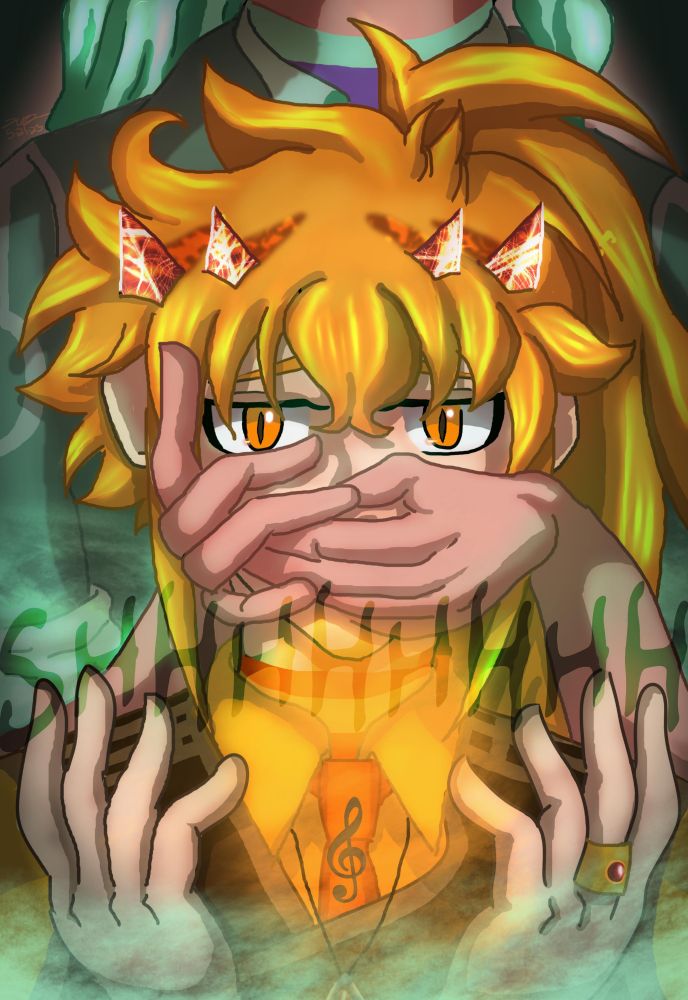 A scene of 2 OCs, Sitriini Sinfonia and Opaali Liekki. 

Liekki is standing behind Sinfonia with his hands over his mouth while the two are surrounded by light green Mist. 

Sinfonia looks frightened and has his hands raised as the word "shhhhhhhh" is written across the page over the center. Liekki is significantly taller than Sinfonia as he stands behind him.
