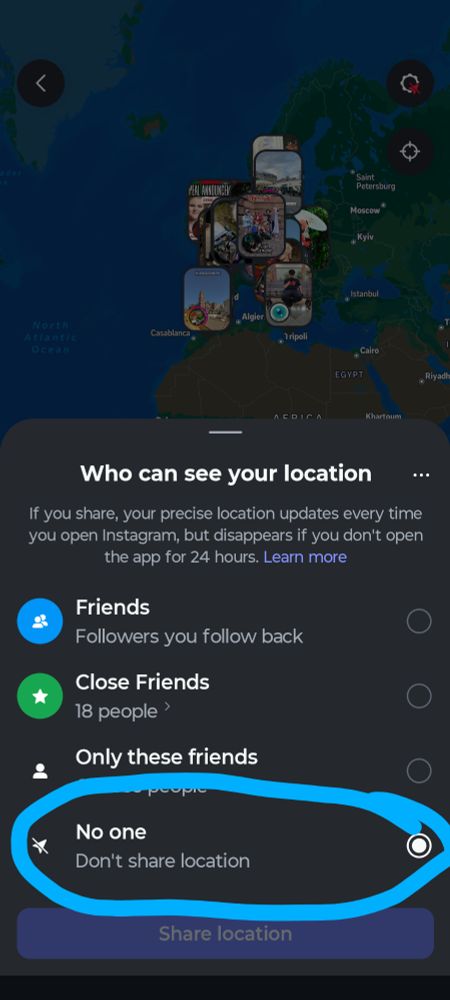 Who can see your location screenshot 

"No one" at the bottom of the menu is circled 