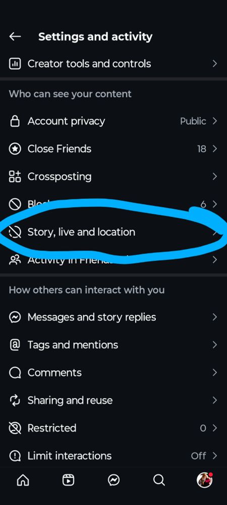 Instagram settings : story live location is circled 