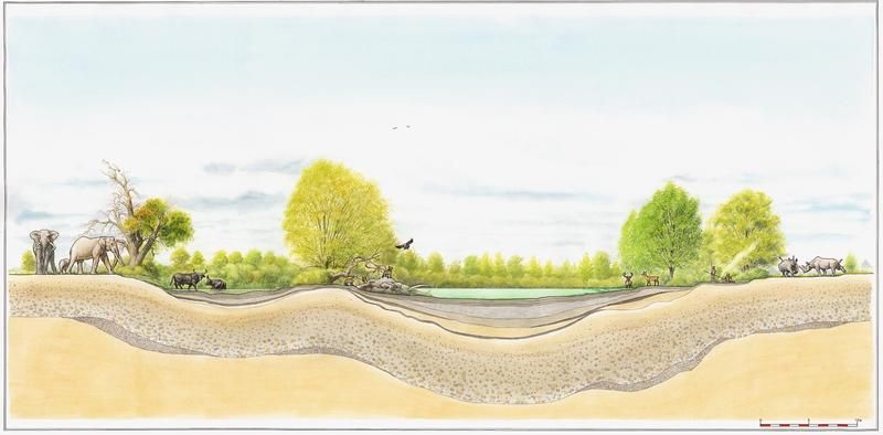 Rekonstruktion des Seebeckens in Neumark Nord mit altsteinzeitlicher Großfauna.  - Copyright Landesamt für Denkmalpflege und Archäologie Sachsen-Anhalt