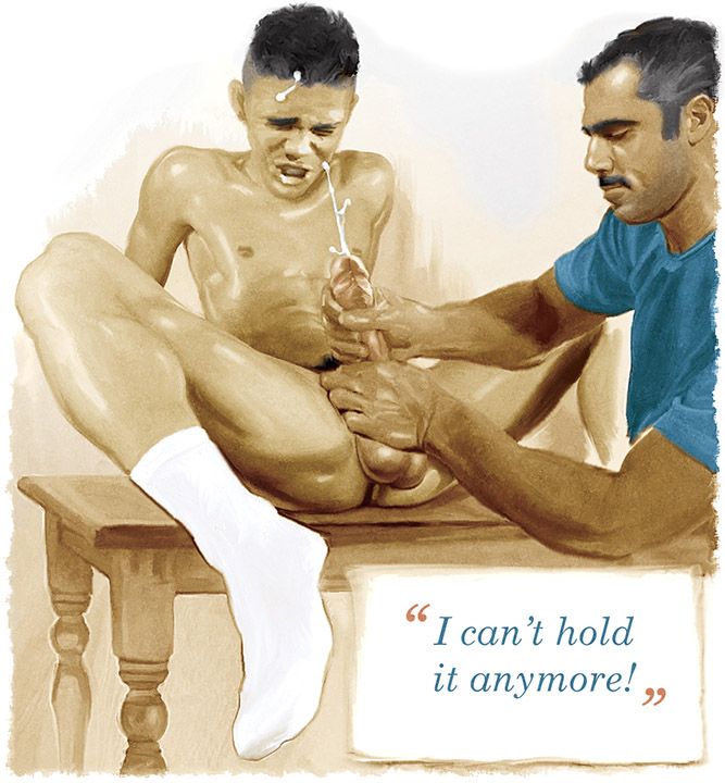 Ryan, an 18-year-old twink with a mohawk, ejaculates prematurely while receiving an expert handjob from his coach. "I can't hold it anymore!" he cries helplessly.