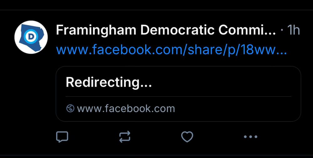 Framingham Democratic Committee’s post of a Facebook link with the word redirecting followed by three dots since I (blissfully) don’t have a Facebook login