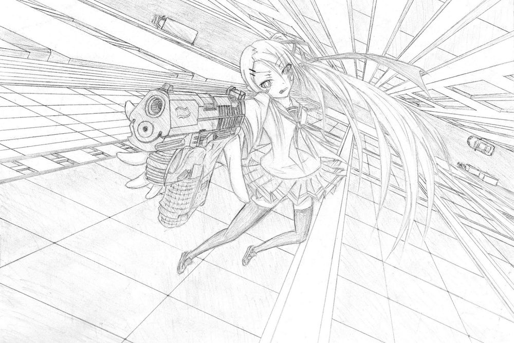 落下しながらも狙いを定めるオリキャラ娘