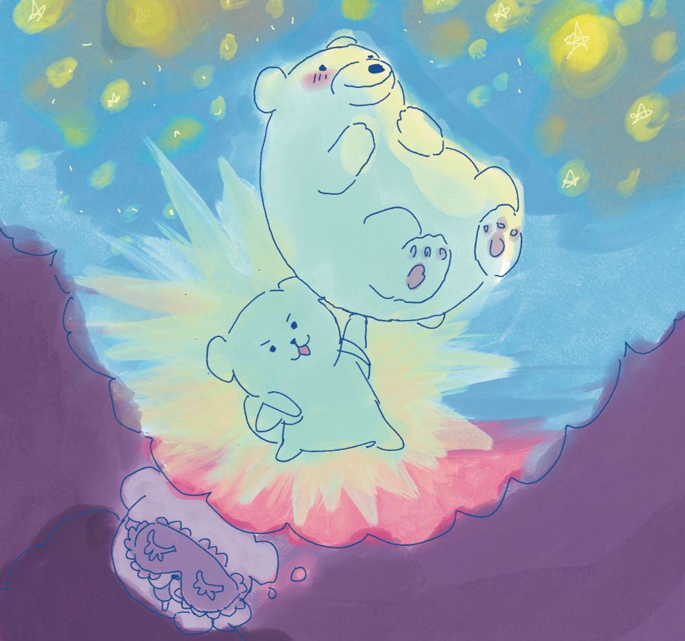 drawing of a little white beardog dreaming of holding up gund the big white bear to the beautiful stars with just 1 paw