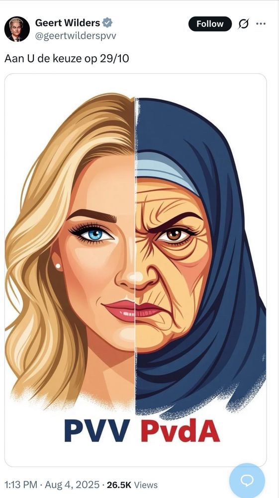 Tweet by PVV leader Geeet Wilders saying “The choice is yours on 29/10” (date of Dutch elections) — pic comparing beautiful young blonde woman (PVV) to angry old Muslim woman (PvdA).