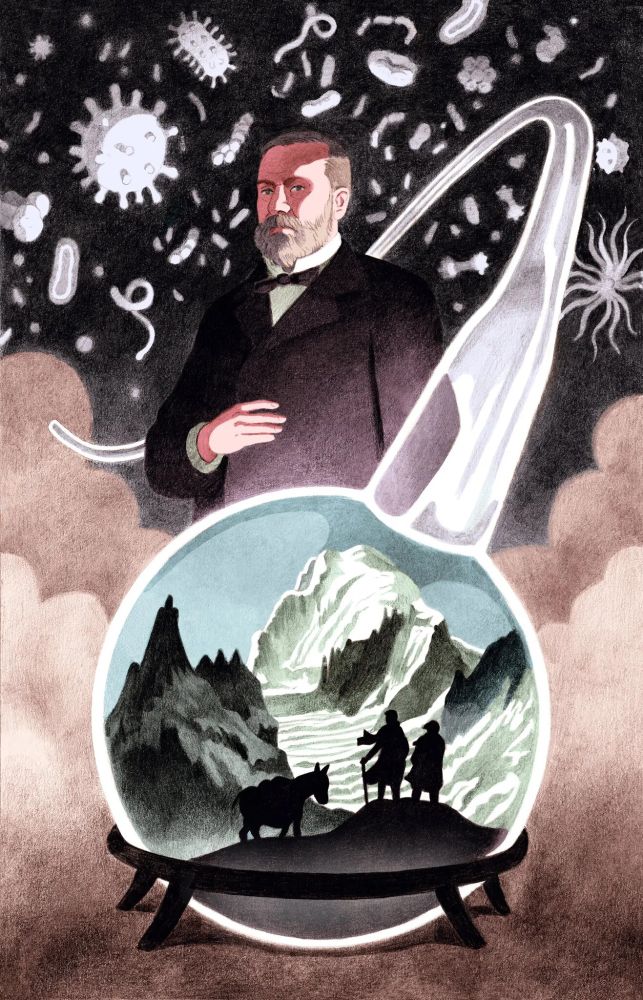 A painting of Louis Pasteur with germs in the background, and a flask in the foreground showing him climbing a glacier.