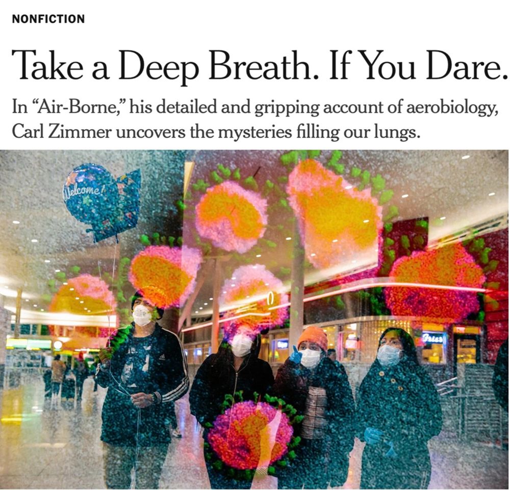 "Take a Deep Breath. If You Dare." In “Air-Borne,” his detailed and gripping account of aerobiology, Carl Zimmer uncovers the mysteries filling our lungs. [Illustration with viruses and people in masks]

