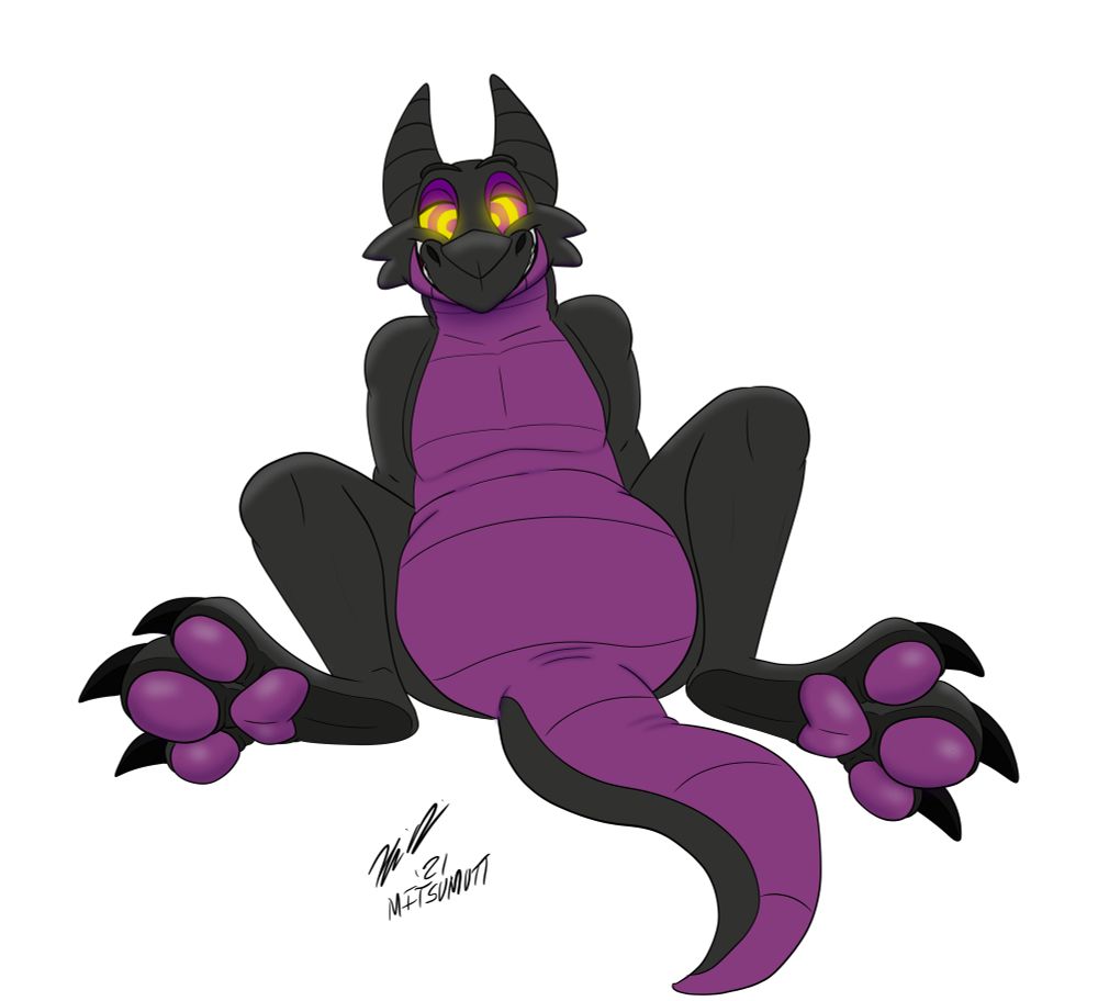A anthro black and purple dragon leaning back and showing his paws to the viewer. He’s grinning and his eyes are swirly, yellow and purple, like he’s trying to hypnotize you.