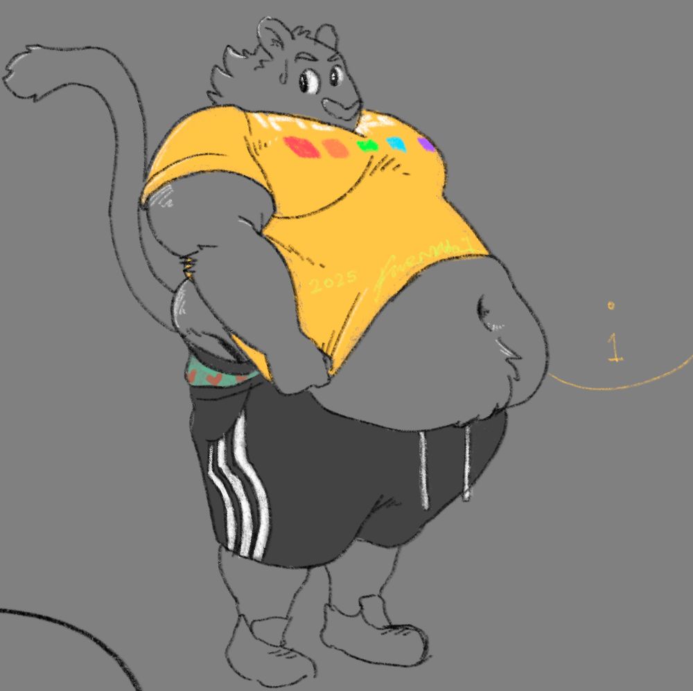digital illustration: doodle of Rex the anthro liger fatly overflowing some shorts and a t-shirt